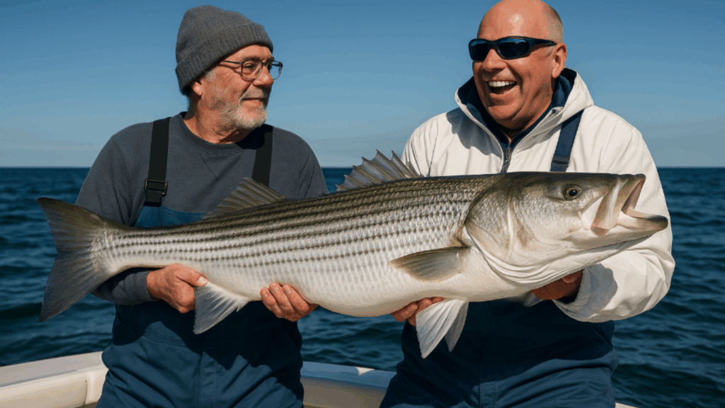 Striped Bass caught during a deep sea fishing charter in Boston Harbor.