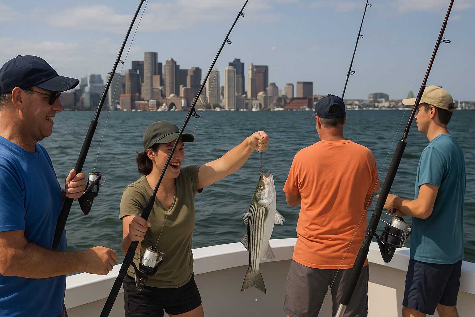 A group of four people on a boat are fishing, with one person excitedly holding a striped bass. The city skyline is visible in the background.
