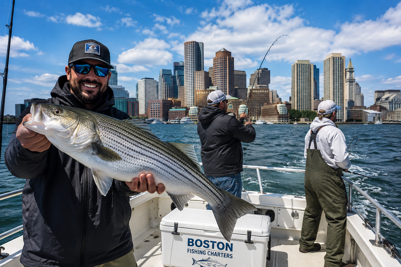 Full day fishing trip with anglers catching Striped Bass in Boston Harbor